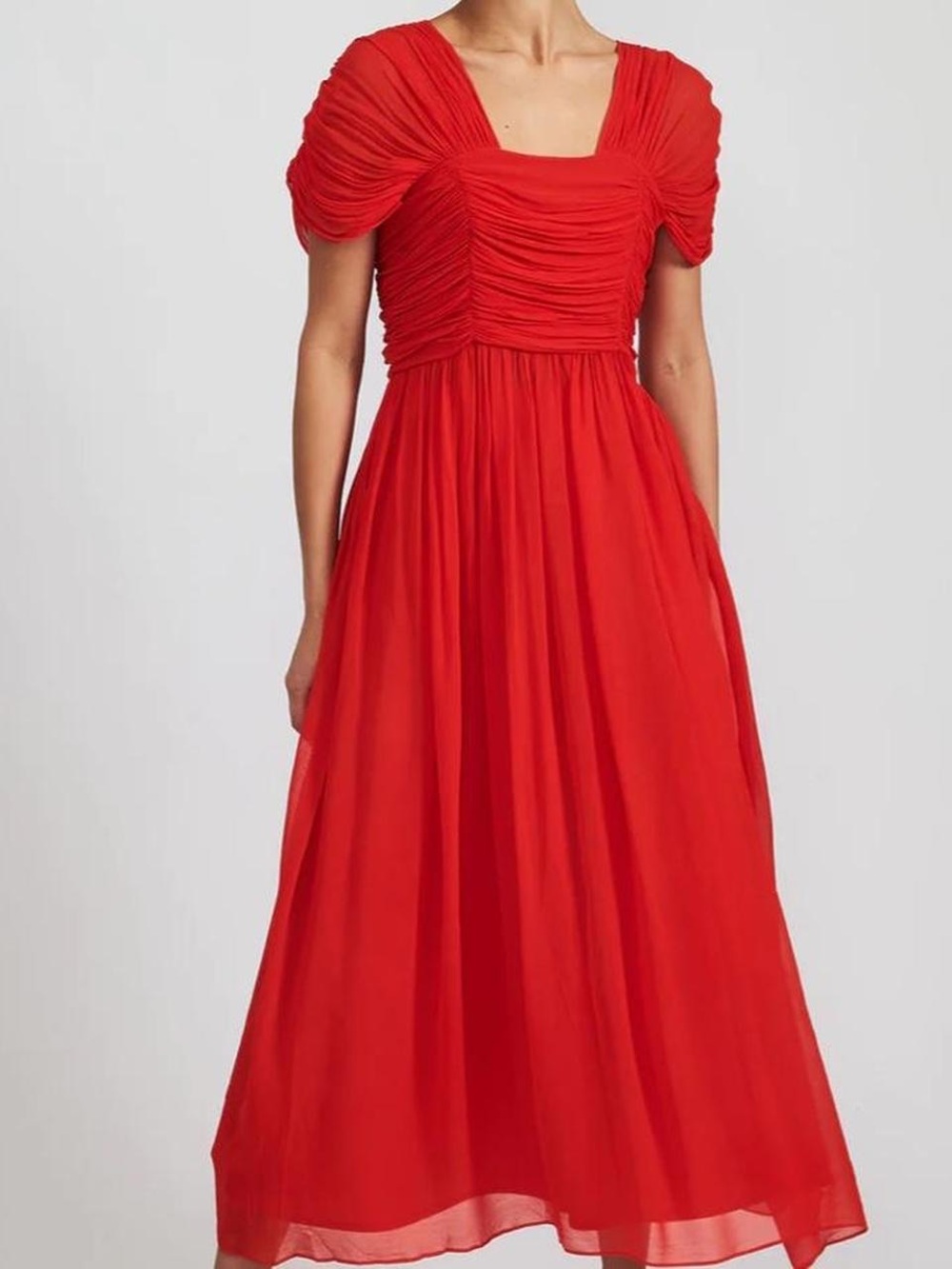 Batsheva red chiffon ruched dress